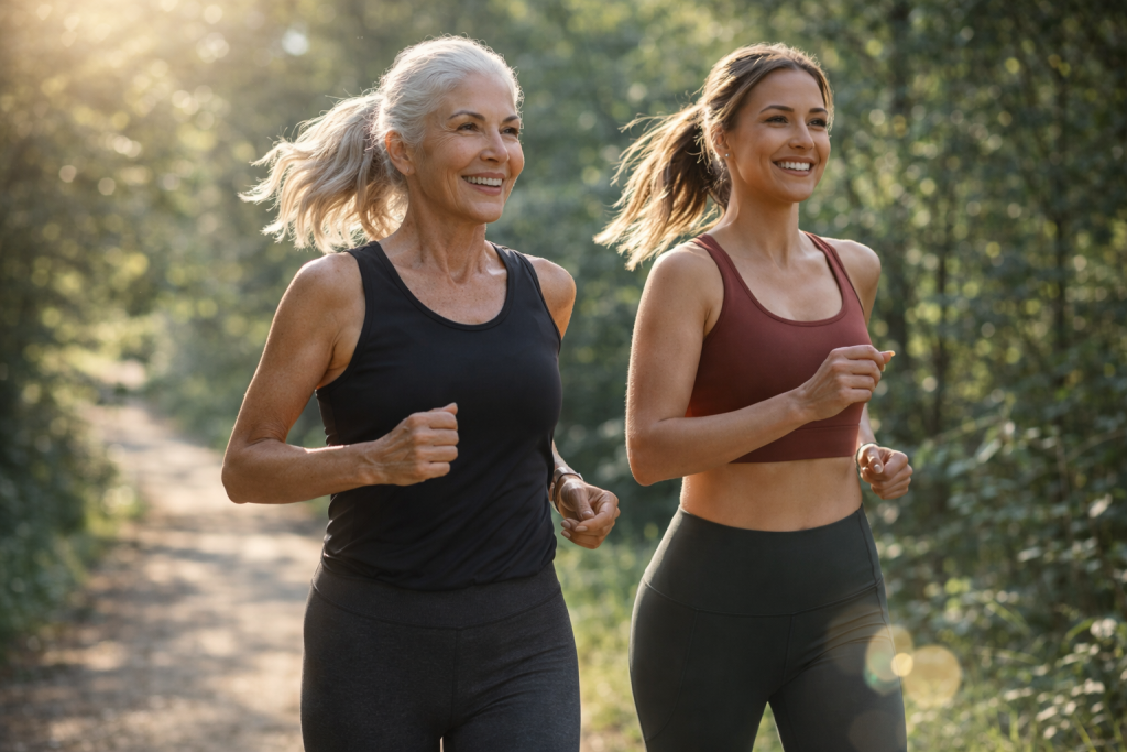 Two women of different ages running together with equal energy, illustrating how biological age can differ from chronological age