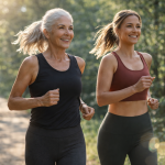 Two women of different ages running together with equal energy, illustrating how biological age can differ from chronological age