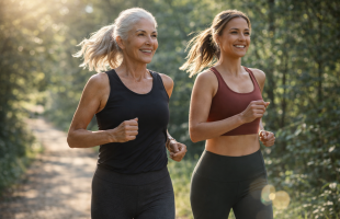 Two women of different ages running together with equal energy, illustrating how biological age can differ from chronological age