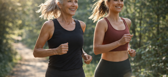 Two women of different ages running together with equal energy, illustrating how biological age can differ from chronological age